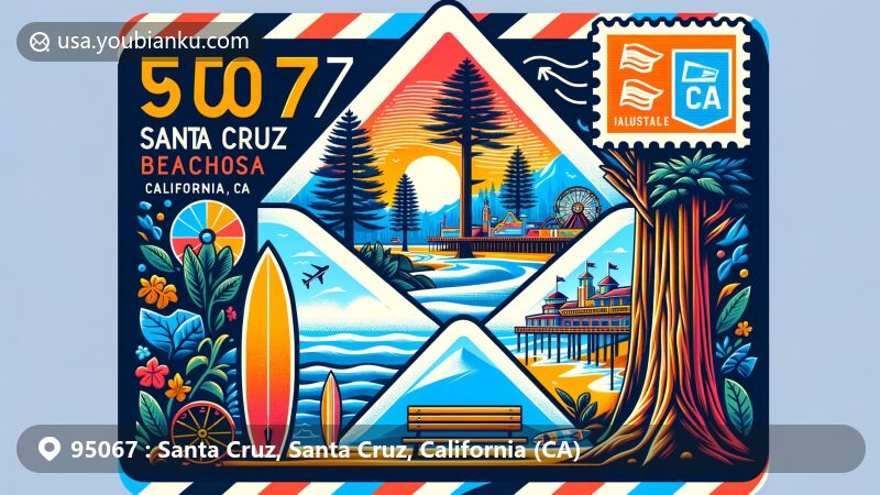Modern illustration of Santa Cruz, California, showcasing postal theme with ZIP code 95067, featuring iconic elements like Santa Cruz Beach Boardwalk, Big Basin Redwoods, and surf culture.