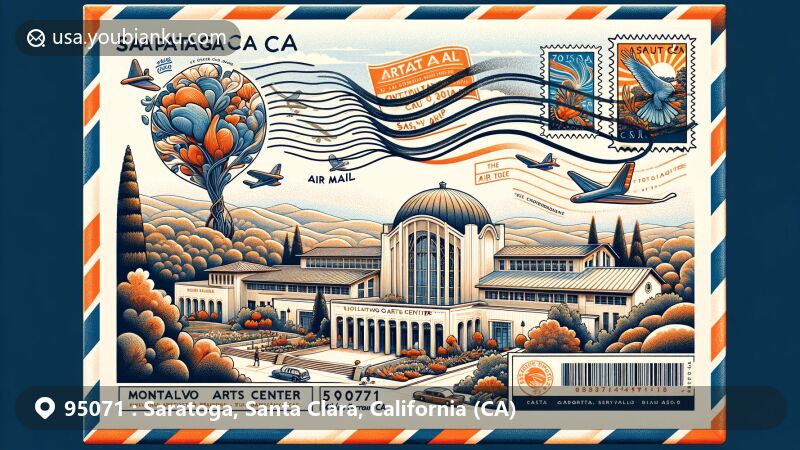 Modern illustration of Montalvo Arts Center, Saratoga, CA, zip code 95071, showcasing artist-in-residence program, diverse arts programs, and beautiful arboretum and gardens, with vintage air mail envelope design.