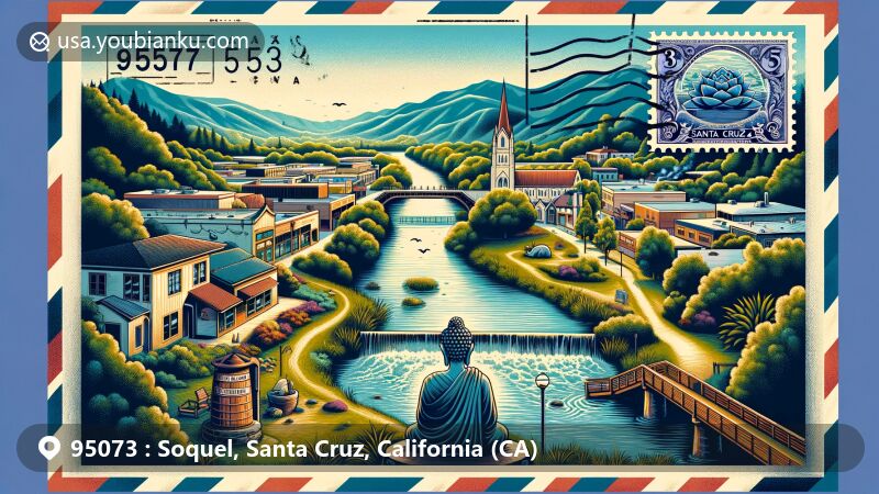 Modern illustration of Soquel, Santa Cruz County, California, showcasing tranquil beauty with lush landscapes, Soquel Creek, Santa Cruz Mountains, Land of Medicine Buddha, and Pogonip Limekiln.