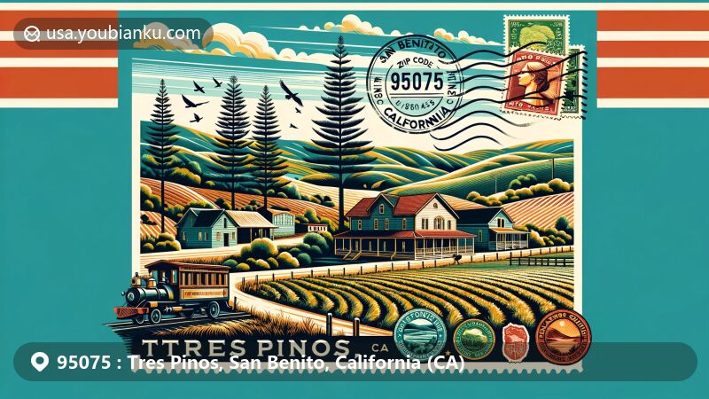 Modern illustration of Tres Pinos, California, capturing the postal theme with ZIP code 95075, featuring San Benito County Historical Park and elements symbolizing the town's name, highlighting the small-town charm and local landmarks.
