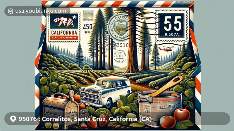 Vintage-style illustration of Corralitos, California, showcasing agricultural roots with images of apples and strawberries, featuring Byrne-Milliron Forest and the iconic 'Great White' Redwood tree.