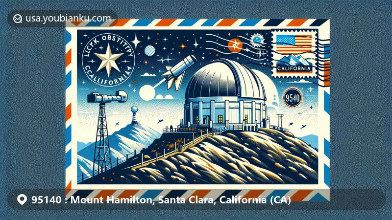 Vibrant illustration of airmail envelope with Lick Observatory, Mount Hamilton, California, showcasing ZIP Code 95140 and California state symbols.