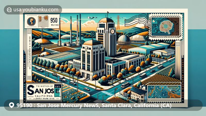 Modern illustration of San Jose Mercury News area in San Jose, California, featuring iconic Mercury News building at 750 Ridder Park Drive, symbolizing rich journalism history, surrounded by elements representing city's evolution from agriculture to tech hub.