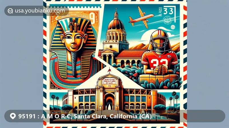 Modern illustration of Santa Clara, California, merging Rosicrucian Egyptian Museum, Mission Santa Clara de Asis, and Levi's Stadium, in a postal-themed design with ZIP code 95191.