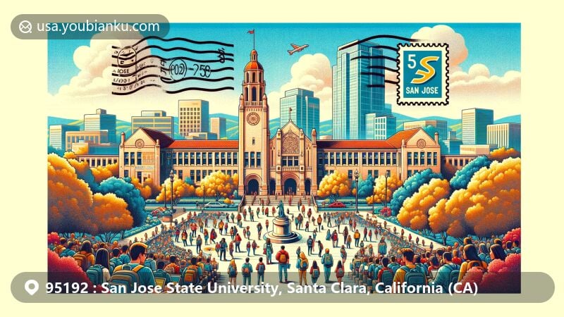 Modern illustration of San Jose State University, SJSU, in Santa Clara County, California, highlighting campus life, diversity, historic architecture, and Silicon Valley influence.