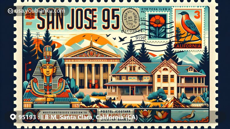 Modern illustration of ZIP code 95193 in San Jose, California, featuring Rosicrucian Egyptian Museum and Winchester Mystery House, with California poppy and coast redwood tree symbols.