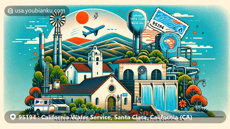 Modern illustration of ZIP code 95194 in Santa Clara, California, featuring Mission Santa Clara de Asis, Rinconada Water Treatment Plant, and Hayes Mansion, blended with postal elements like vintage airmail envelope and postmark stamp.