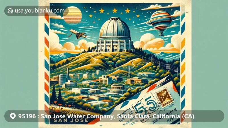 Modern illustration of San Jose, California, featuring Lick Observatory, Mount Hamilton, Santa Clara Valley landscape, San Jose flag, vintage air mail envelope with ZIP Code 95196, postal symbols.