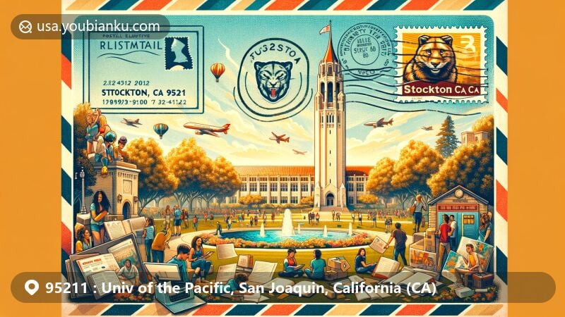Modern illustration of University of the Pacific in Stockton, California, highlighting Burns Tower and vibrant student life in a postal-themed setting.