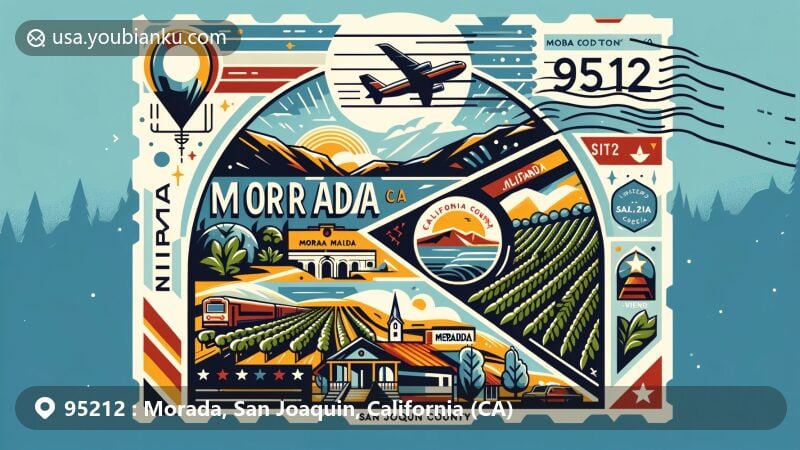Modern illustration of Morada, San Joaquin County, California, with air mail envelope framing state flag, county map, and local landmarks, including vineyard symbolizing agriculture, with prominent ZIP code 95212.