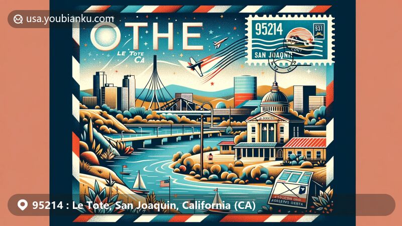 Modern illustration of Le Tote, San Joaquin County, California, featuring postal theme with ZIP code 95214, showcasing San Joaquin River, Weber Point, Stockton Assembly Center, and vintage airmail envelope.