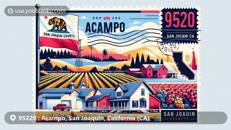 Modern illustration of Acampo, San Joaquin County, California, capturing the small-town charm and agricultural heritage, featuring California state flag and postal themes with ZIP code 95220.