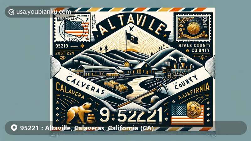 Modern illustration of Altaville, Calaveras County, California, incorporating vintage airmail envelope theme with California state flag, Calaveras County outline, Altaville Foundry, pickaxe, gold nuggets, postal stamp, and ZIP code 95221.