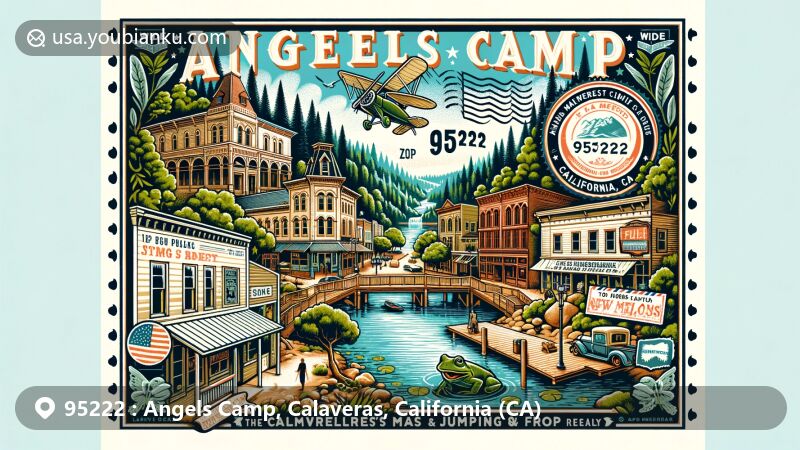 Modern illustration of Angels Camp, California, showcasing historic town from gold rush era, influence of Mark Twain and famous frog jumping story, Calaveras Frog Jumping Jubilee, scenic New Melones Lake, and postal elements like stamp border, postmark, and classic airmail envelope corner.