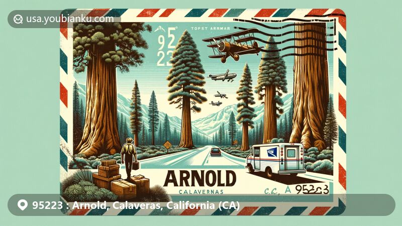 Modern illustration of Arnold, Calaveras County, California, featuring Calaveras Big Trees State Park, Ebbetts Pass, and Arnold Rim Trail, encapsulating the area's natural beauty and landmarks.