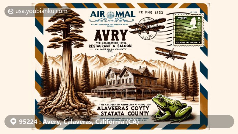 Vintage-style illustration of Avery, Calaveras County, California, featuring iconic Avery Hotel Restaurant & Saloon from 1853, Calaveras Big Trees State Park with giant sequoia trees, county flag, jumping frog tribute, vintage stamp with ZIP code 95224, and picturesque Sierra Nevada backdrop.