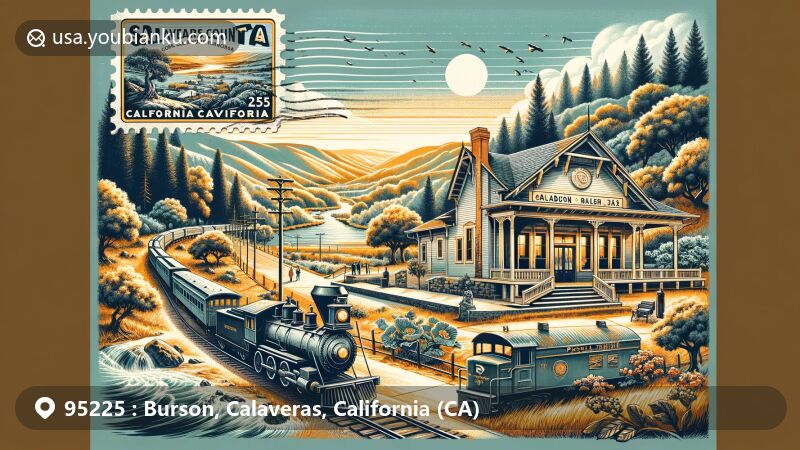 Modern illustration of Burson, Calaveras County, California, showcasing postal theme with ZIP code 95225 and San Joaquin and Sierra Nevada Railroad history.
