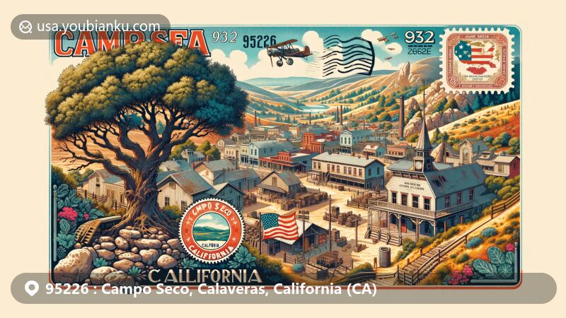 Modern illustration of Campo Seco, California, highlighting postal theme with ZIP code 95226, featuring historic mining town, largest living cork oak tree, Gold Rush-era stone ruins, Chinese store ruins, vintage postcard border, California state flag, postage stamp of cork oak tree, and postal marks.