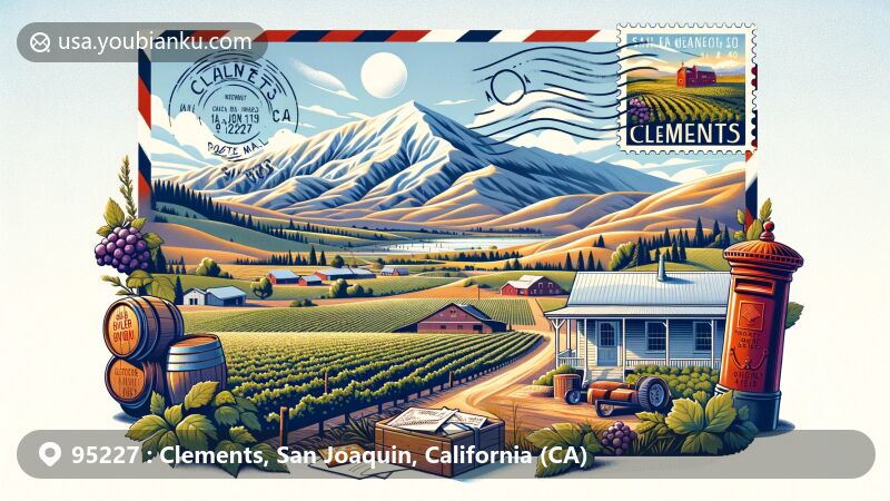 Modern illustration of Clements, San Joaquin County, California, portraying the rural charm and Sierra Nevada mountain views associated with this agricultural town, featuring vineyards, a vintage air mail envelope with postal artifacts like a postmark, and a classic red mailbox.