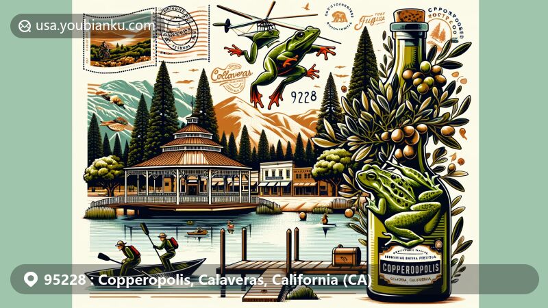 Creative illustration of Copperopolis, Calaveras County, California, blending town square gazebo, Frog Jump festival, Lake Tulloch, and olive oil, with vintage postal elements like airmail envelope, sequoia stamp, postmark for ZIP code 95228.