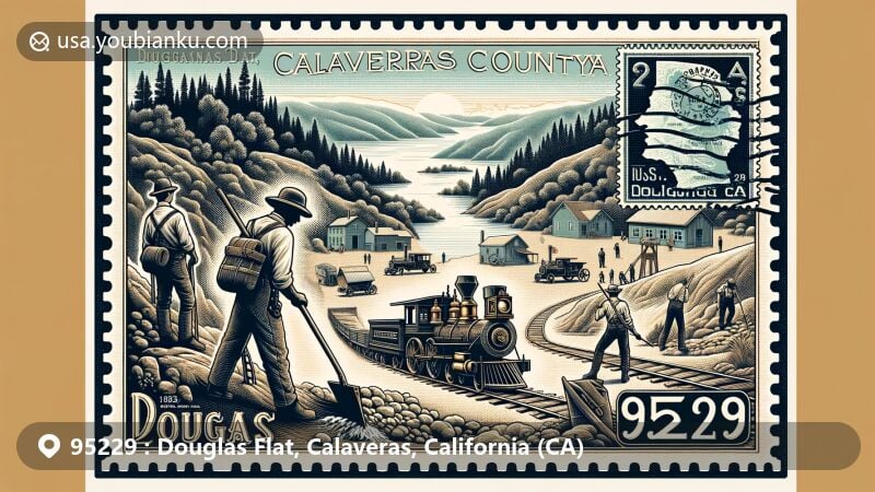 Modern illustration of Douglas Flat, Calaveras County, California, combining historical and modern elements, showcasing gold mining heritage with a vintage postcard featuring iconic scenes from the Harper and Lone Star Claims era and modern postal elements.
