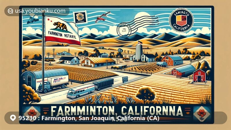 Modern illustration of Farmington, San Joaquin County, California, featuring postal theme with vintage air mail envelope, stamps, and postmark reading “Farmington, CA 95230”. Includes barren low hills, Sierra Nevada mountains in the background, California state flag, and stylized text “Farmington, CA 95230”.