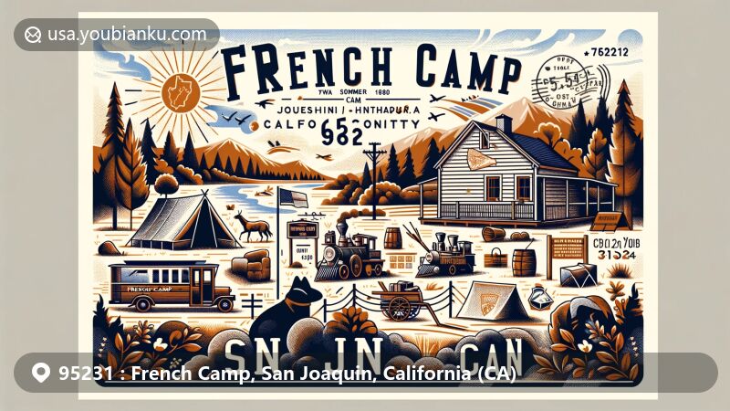 Modern illustration of French Camp, San Joaquin County, California, showcasing ZIP code 95231, featuring historical and geographical elements, postal themes, and California fur rush references.
