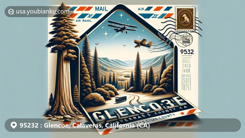 Modern illustration of Glencoe, Calaveras County, California, displaying a postal theme with ZIP code 95232, featuring giant sequoia trees, a frog symbolizing the Calaveras County Fair, and historical mining artifacts.