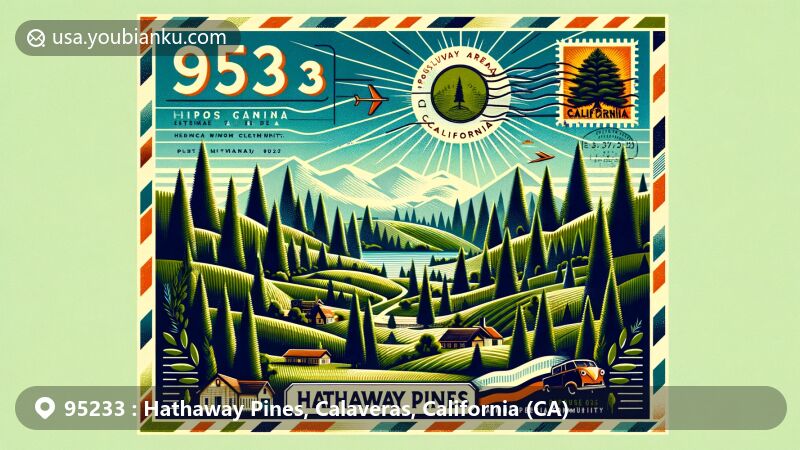 Modern illustration of Hathaway Pines, Calaveras County, California, showcasing natural beauty and postal elements in a creative design, featuring Mediterranean climate, pine forests, and vintage postcard theme.