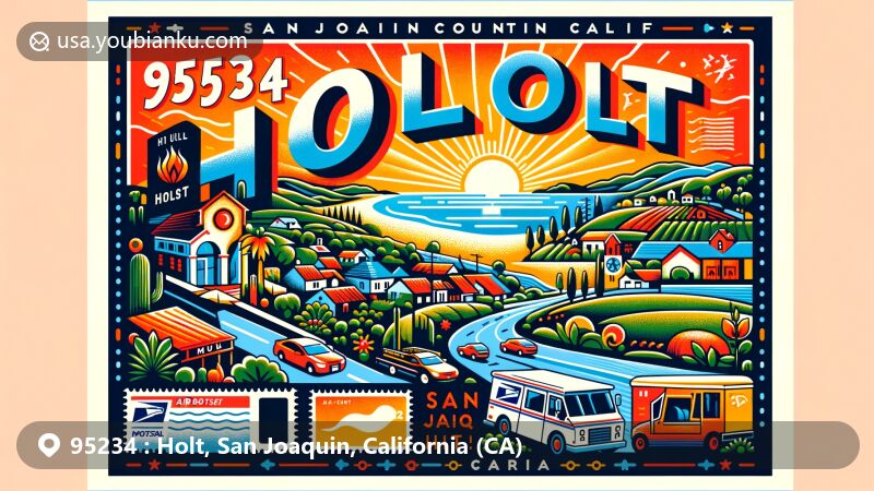 Creative illustration of Holt, San Joaquin County, California, capturing the warm-summer Mediterranean climate and historical significance of the Holt brothers, founders of Caterpillar. Features symbolic elements of San Joaquin County and iconic postal designs like a postage stamp and ZIP code 95234.