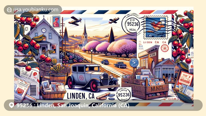 Modern illustration of Linden, California, with postal theme for ZIP code 95236, showcasing Cherry Festival and cherry trees in vibrant style.