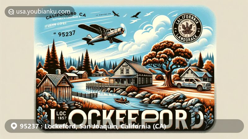Modern illustration of Lockeford, California, highlighting rustic charm, historical significance, and community warmth, featuring the founding by Dean Jewett Locke and Elmer H. Locke in 1851, Mokelumne River ford, California Historical Landmark #365, local shops, restaurants, Central Valley landscape, and blend of vintage and contemporary elements.