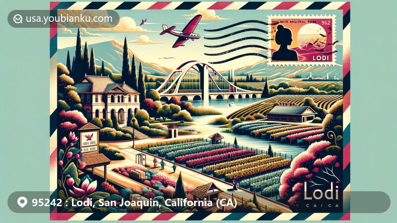 Modern illustration of Lodi, San Joaquin, California, showcasing iconic Lodi Arch, Micke Grove Regional Park's Japanese garden, and vineyard scene symbolizing wine culture, framed by vintage air mail envelope with postal markings.