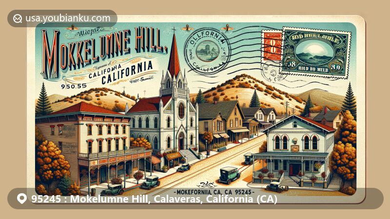 Modern illustration of Mokelumne Hill, Calaveras County, California, showcasing vintage postcard design with ZIP code 95245, featuring iconic landmarks from the Gold Rush era like the I.O.O.F. Hall, the Congregational Church, and the Hotel Léger.