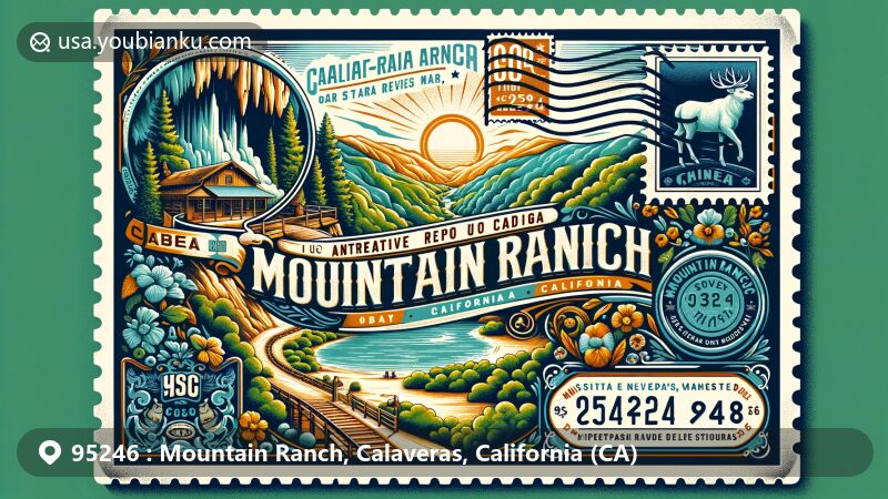 Modern illustration of Mountain Ranch, California, showcasing postal theme with ZIP code 95246, featuring California Cavern and Gold Rush heritage.