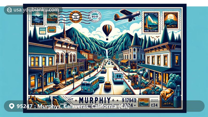 Modern illustration of Murphys, Calaveras County, California, featuring Murphys Hotel, Mercer Caverns, and Main Street's wine tasting rooms, blending Gold Rush history and wine culture.