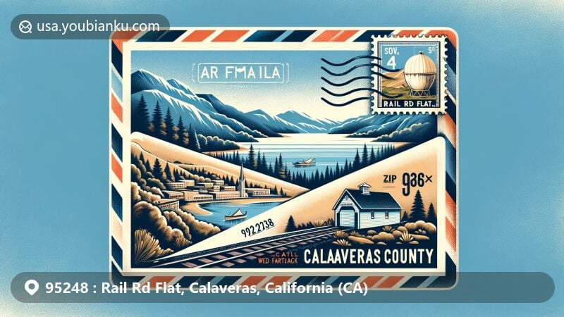 Modern illustration of Rail Rd Flat, Calaveras County, California, featuring vintage air mail envelope with ZIP code 95248, showcasing Clark Reservoir and Calaveras County landscape.