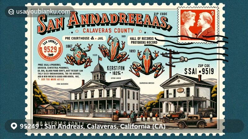 Modern illustration of San Andreas, Calaveras County, California, showcasing rich history and landmarks with Calaveras County Museum, including historic buildings like the Old Courthouse and Jail, Hall of Records, and Odd Fellows Hall, reflecting a blend of cultures and the unique jumping frog contest cultural element.