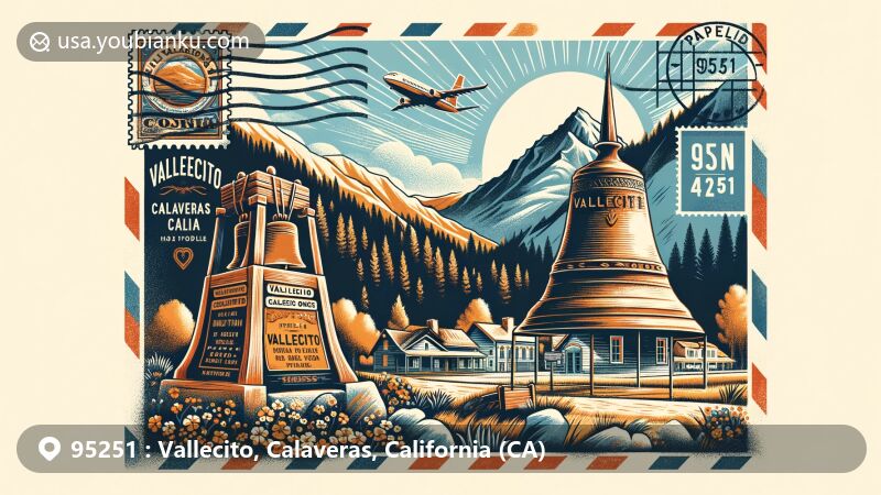 Modern illustration of Vallecito, Calaveras, California, merging regional identity and postal themes, showcasing the Vallecito Bell Monument, Gold Rush history, and natural scenery.
