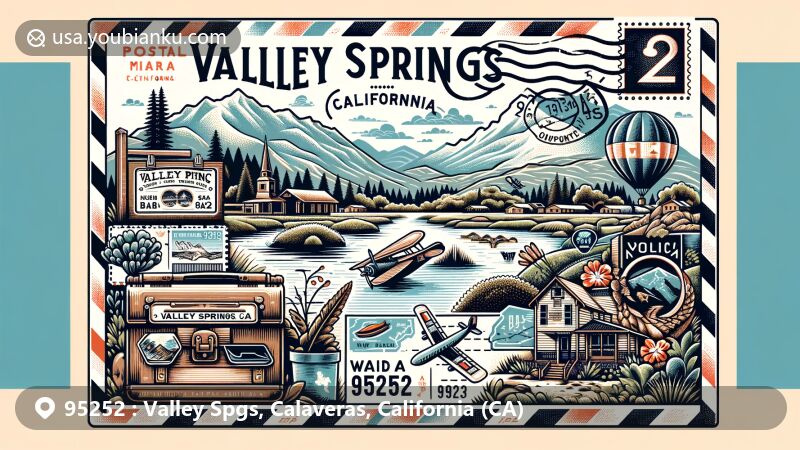 Modern illustration of Valley Springs, Calaveras, California, highlighting ZIP code 95252 with visual elements representing the Sierra Nevada foothills, New Hogan Lake, and Pardee Reservoir, showcasing the region's natural beauty and geographic features.
