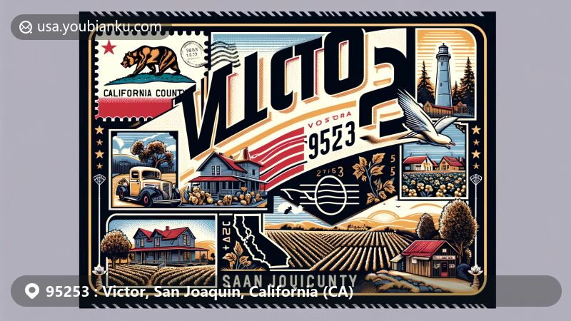 Modern illustration of Victor, San Joaquin County, California, styled as a postcard with ZIP code 95253, featuring state flag and local landmarks, blending local and California identity.