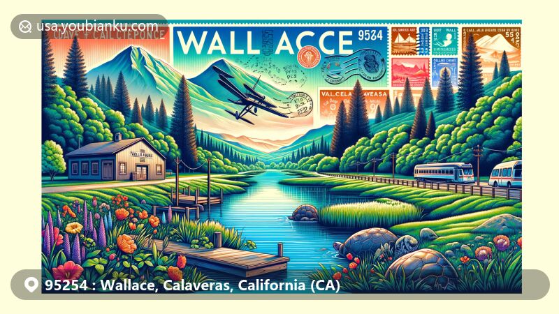 Modern illustration of Wallace, Calaveras County, California, capturing serene natural scenery with water bodies and green landscapes, featuring creative postal theme with vintage air mail envelope, local landmark stamps, and prominent ZIP code 95254.