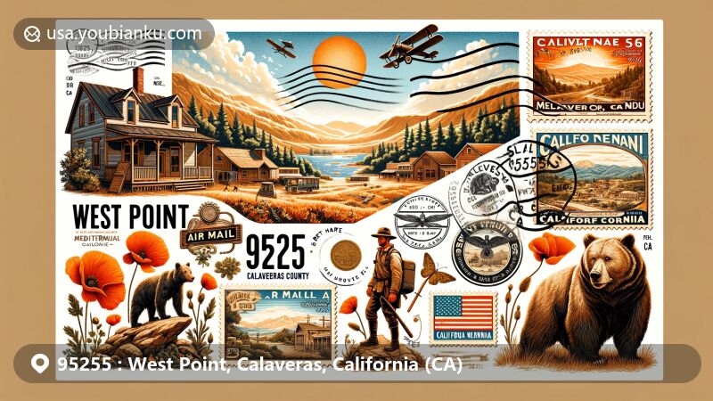 Modern illustration of West Point, Calaveras County, California, showcasing postal theme with ZIP code 95255, featuring historical figures Kit Carson and Bret Harte, California state symbols, and scenic view of Sierra Nevada.