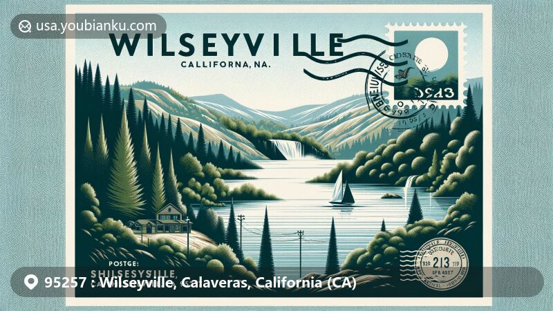 Modern illustration of Wilseyville, California, featuring Schaads Reservoir surrounded by lush forests, adorned with postal elements like stamps and postmarks, displaying 'Wilseyville, CA 95257' postmark, emphasizing postal theme and natural beauty.