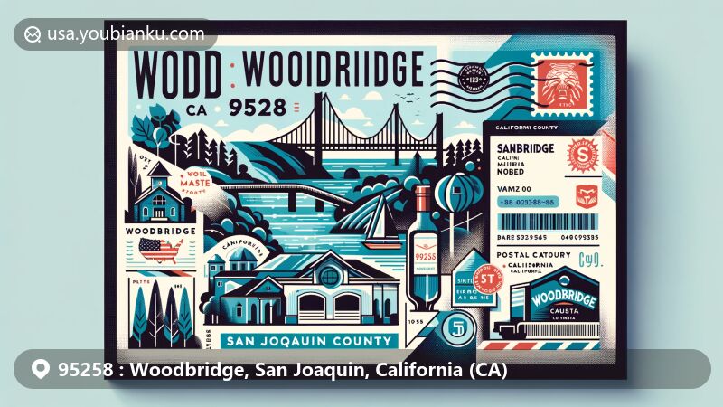 Modern illustration of Woodbridge, CA 95258, featuring Mokelumne River, Woodbridge by Robert Mondavi winery, California state outline, San Joaquin County silhouette, and postal motifs like a stamp and ZIP code 95258.