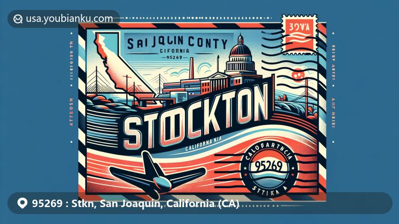 Modern illustration of Stockton, San Joaquin County, California, with postal theme and California state flag, showcasing a stylized representation of a Stockton landmark or feature, vintage postage stamp with ZIP code 95269, and 'Stockton, CA' postal mark overlay.
