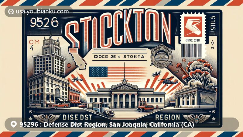 Modern illustration of Defense Dist Region, San Joaquin County, California, focusing on ZIP code 95296, featuring Stockton's iconic landmarks like Stockton Memorial Civic Auditorium, Hotel Stockton, and Fox California Theatre, with symbols of local postal service.