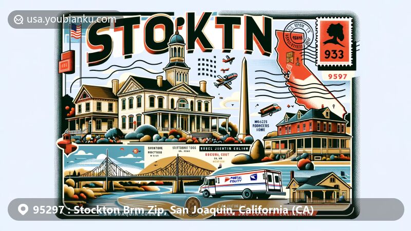Modern illustration of Stockton, San Joaquin County, California, featuring iconic landmarks like Weber Point and historic homes such as the Moses Rodgers Home, with postal elements like a postage stamp and a postal truck, showcasing ZIP code 95297.