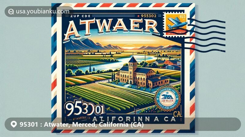 Modern illustration of Atwater, Merced County, California, featuring ZIP code 95301, showcasing agricultural landscapes under a blue sky, with Castle Air Museum and vintage California stamp.