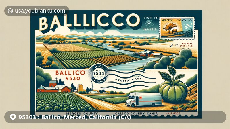 Modern illustration of Ballico, Merced County, California, featuring regional agricultural landscape and the Merced River, with a stylized postal theme showcasing the ZIP code 95303 and the community vibe.